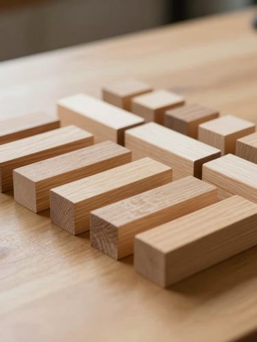 Close-up of organized wooden assessment blocks arranged neatly on a light wood table, soft natural side lighting.