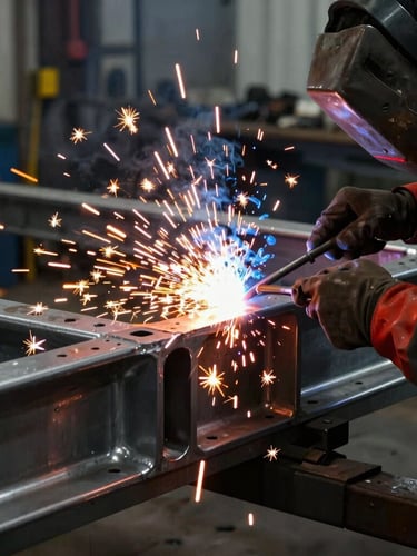 Close-up of a professional metalworker welding a steel truck chassis in a workshop, bright orange sparks, dramatic high-contrast industrial lighting, 35mm