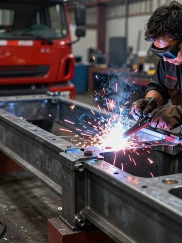 High-contrast industrial photography, dramatic workshop lighting with welding sparks, a heavy-duty steel truck chassis being welded by a professional fabricator, metallic gray and signal red tones, sharp details, 35mm