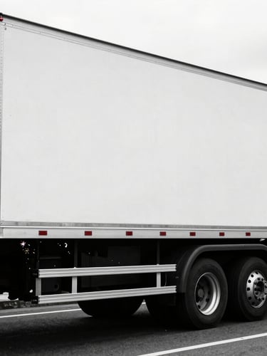 High-contrast industrial photo of a heavy-duty white refrigerated truck body with steel reinforcements, parked on a Colombian highway at daylight, 35mm