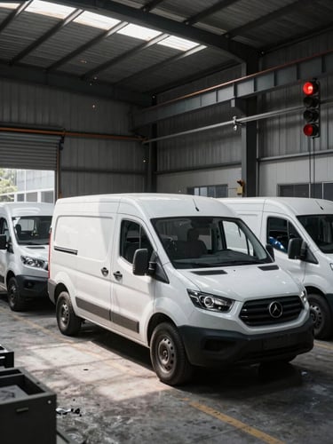 Wide environmental shot of a clean, organized industrial metalworking workshop in Belén, finished white refrigerated van bodies lined up, bright natural daylight, 35mm