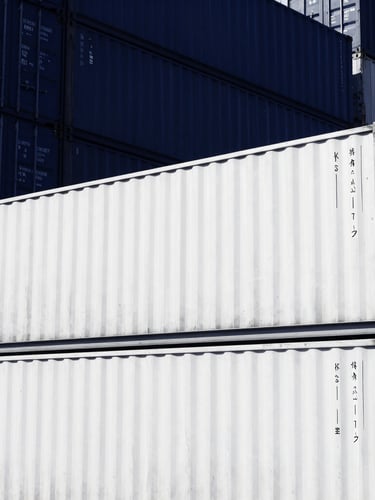 Wide-angle architectural high-contrast duotone shot of cargo containers stacked at Port Klang terminal, stark white lines, deep navy blue shadows, 35mm.