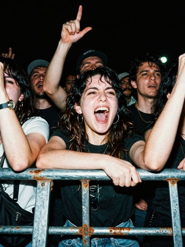 Screaming crowd behind a rusty metal barricade, direct flash, extreme contrast, portrait aspect.