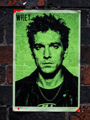 Wheat-pasted gig posters peeling off a dark brick wall, high-contrast analog grain, blood red highlights, portrait aspect.