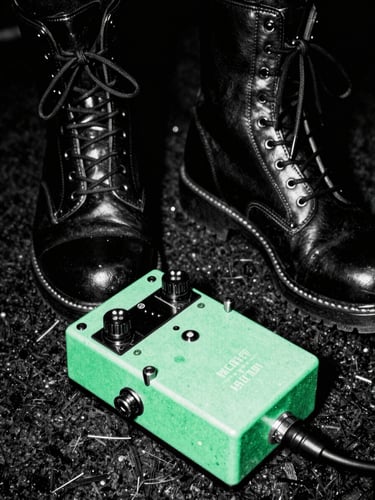 Close-up of combat boots stepping on a distorted guitar pedal, high contrast black and white, portrait aspect.