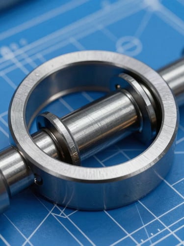 Extreme close-up of a high-precision metal retaining ring mounted on a steel shaft, visible tool marks and crisp metallic edges, cool blue studio lighting, technical blueprint lines overlaid