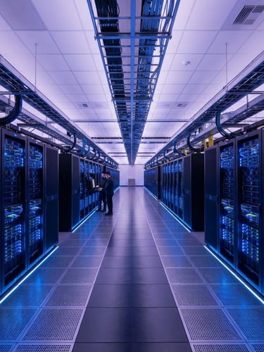 Wide architectural perspective of a data center, sleek server racks glowing with electronic blue light, subtle lavender ambient backlighting, sharp geometric composition.