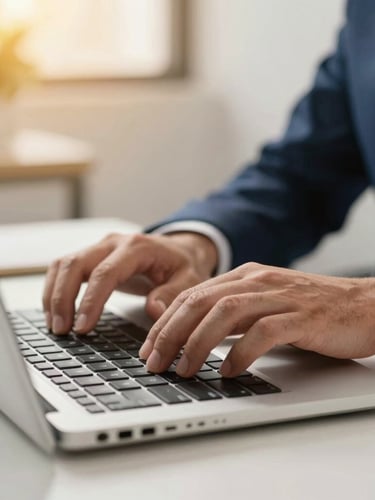 Close-up of professional hands typing on a modern keyboard in a clean corporate workspace, warm gold ambient lighting, sharp focus, professional photography.