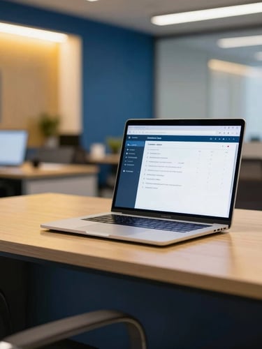 A modern professional office desk in Ampang, Selangor, sharp focus on a laptop displaying a clean customer support dashboard, warm gold and cool blue ambient lighting, corporate atmosphere