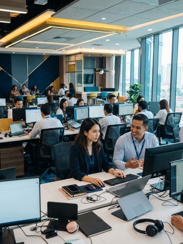 A bright, modern corporate office interior in Ampang with professional support agents working on clean desk setups, cool blue and warm gold ambient lighting, 35mm lens.