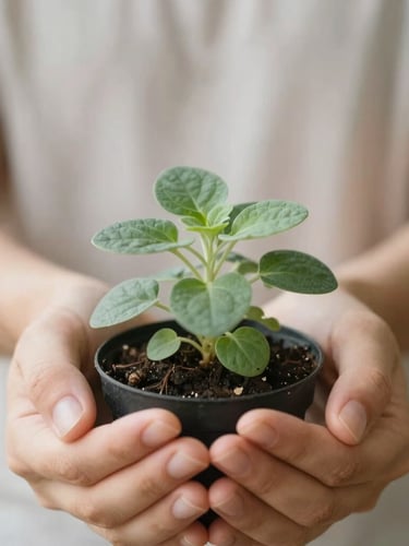 Soft-focus image of hands gently holding a small potted herb plant, diffused natural light, warm editorial photography, close-up macro.