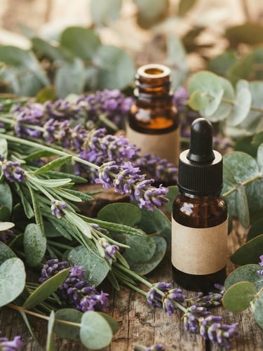 Close-up of fresh lavender sprigs and eucalyptus leaves with amber essential oil bottles, soft diffused daylight, shallow depth of field, warm editorial photography.