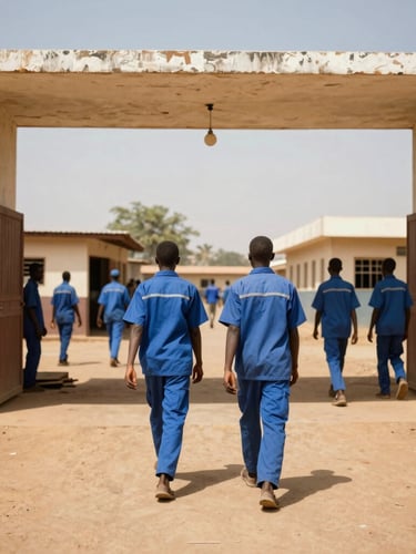 Warm documentary photography of the CFP Ourossogui campus entrance under bright Sahelian daylight, students in blue workwear walking towards workshops, 35mm