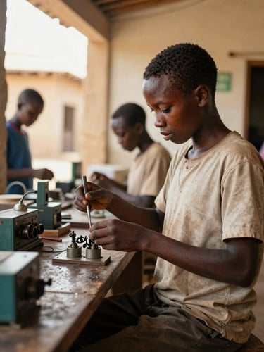 Warm documentary photography of a young Senegalese student working in a brightly lit electrical workshop, holding tools, natural Sahelian daylight, rich earth tones