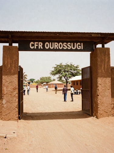 Warm documentary photography of the CFP Ourossogui main entrance, bright natural Sahelian daylight, rich earth tones, authentic vocational training setting, 35mm