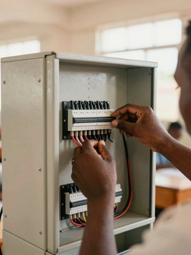 Close-up of hands adjusting electrical wiring on a control panel inside a bright classroom, warm natural daylight, professional training setting