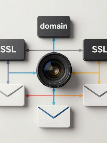 Structured flat-lay diagram of web infrastructure, showing domain, SSL, hosting, and email interconnected by clean slate-colored grid lines on a light background