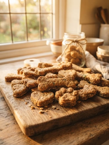 Close-up of freshly baked dog treats arranged on a rustic wooden board, warm golden-hour sunlight streaming through a kitchen window, shallow depth of field, warm editorial photography style