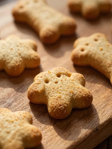 Close-up of fresh organic dog biscuits arranged on a rustic wooden board, warm golden-hour sunlight, soft shadows, shallow depth of field.
