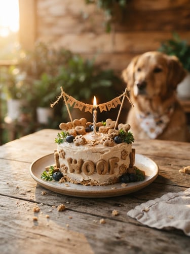 Warm editorial photography of a beautifully decorated canine birthday cake on a rustic wooden table, natural golden-hour light, shallow depth of field, 35mm lens