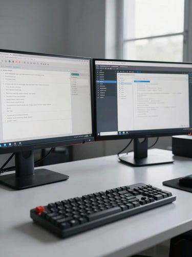 Wide shot of an organized software developer's workspace from the left side, two monitors showing clean interface wireframes, a mechanical keyboard in sharp focus foreground, soft north-facing window light casting even illumination across the desk surface, no people visible, clinical precision