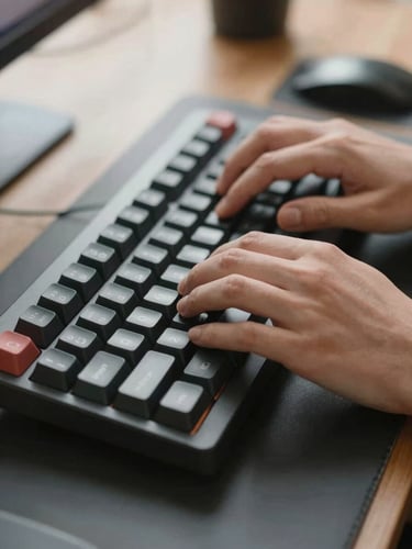 Close-up of hands typing on a mechanical keyboard in a clean organized workspace, north-facing daylight, shallow focus on fingertips, dark desk surface visible at frame edges
