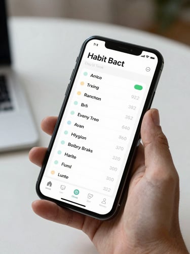 Close-up of a smartphone screen showing a structured habit-tracking interface with clean typographic lists and progress indicators, held in one hand against a blurred minimal desk background, soft north-facing studio light
