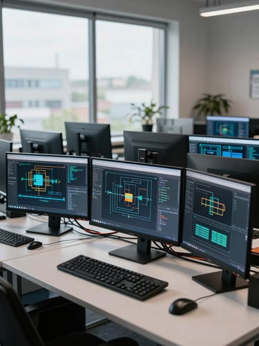 Wide-angle view of an organized tech workspace with multiple monitors displaying system architecture diagrams, even north-facing window light, no people, cables neatly managed