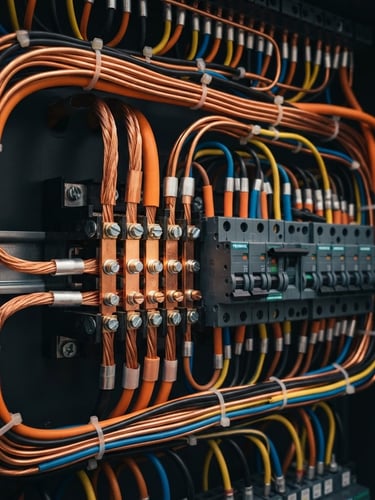 Macro detail shot of perfectly routed copper wiring inside a modern consumer unit, warm work-light illumination, deep charcoal background.