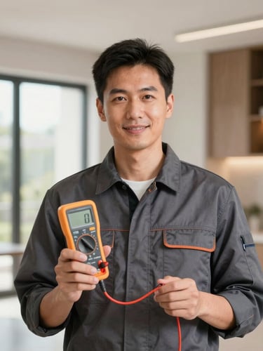 Authentic unposed portrait of a professional electrician in a clean charcoal work shirt, holding a digital multimeter, natural daylight, modern residential setting.