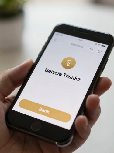 A close-up of a smartphone displaying a secure, successful bank transfer notification with clean corporate styling and gold accent highlights, bright natural lighting.