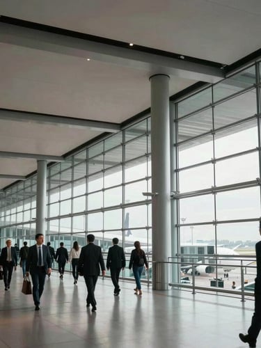 Wide architectural view of a modern airport terminal with sleek steel beams and glass, soft natural light, focused executives walking in the background.