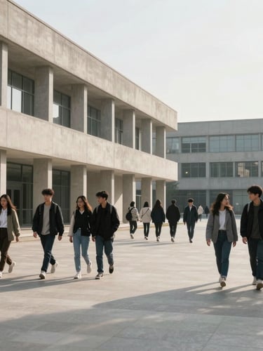 Wide environmental portrait of a modern university campus plaza with clean concrete architectural lines, students walking in an organized group under crisp morning light.