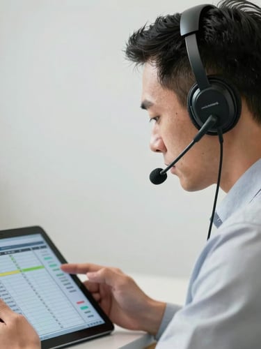 Close-up of a professional coordinator with a headset looking at a digital tablet displaying flight coordinates, clean studio lighting, corporate attire