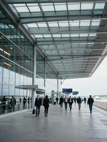 Vista panorámica de la terminal de un aeropuerto moderno con arquitectura de acero y cristal bajo luz natural fría, ejecutivos en tránsito difuminados al fondo, composición simétrica y limpia.