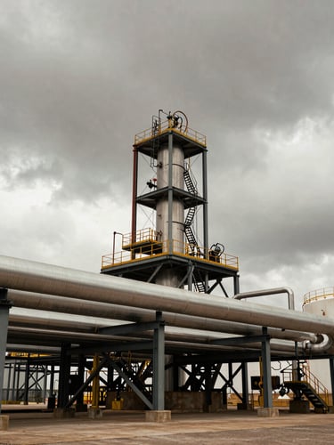 Industrial fuel terminal with massive steel pipes and storage tanks under dramatic overcast sky, desaturated steel and amber tones