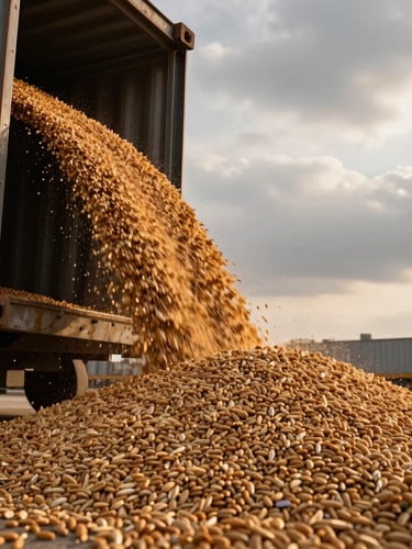 Extreme close-up of bulk grain pouring into a cargo container, dramatic overcast daylight, industrial golden hour, amber tones