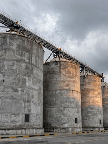 Wide-angle environmental shot of massive concrete bulk grain silos at an industrial shipping port under dramatic overcast daylight, desaturated steel tones with sharp amber accents.