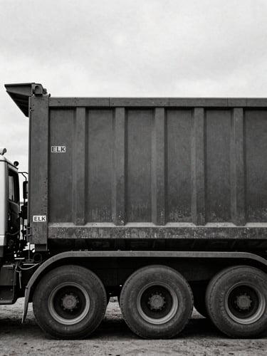 Side view of a heavy-duty Elk Metals roll-off truck with a large industrial container, parked in a processing yard under an overcast sky, high contrast, gritty texture, 35mm film.