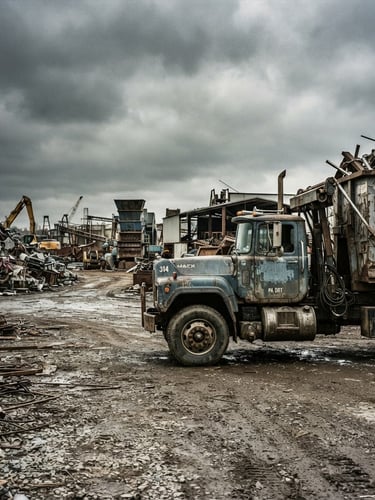 Wide panoramic shot of a heavy-duty industrial roll-off truck, parked in a scrap yard under overcast Pennsylvania daylight, high contrast, dramatic shadows, raw metal textures visible, truck facing right, generous negative space on the left.