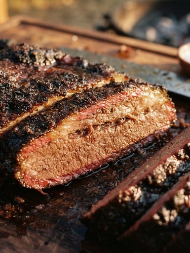 Close-up of a perfectly smoked brisket, deep smoke ring visible, glistening bark, natural golden-hour sunlight, shallow depth of field, 35mm