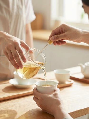 A caregiver and client preparing tea together in a sunlit kitchen, warm natural light, close-up on hands pouring water, soft focus
