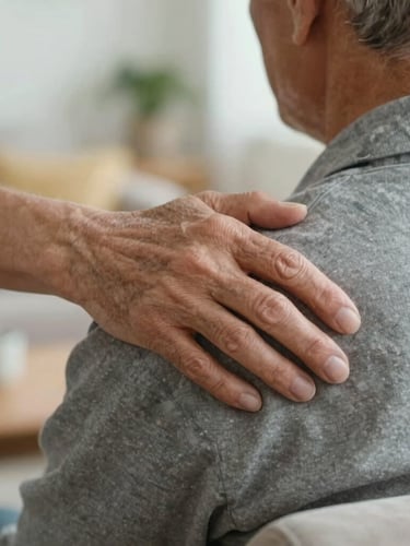 A close-up of a caregiver's hand resting reassuringly on an older adult's shoulder in a comfortable living room, soft natural lighting, shallow depth of field.