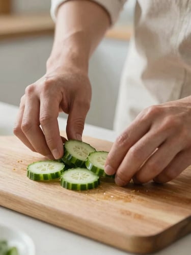 Close-up of a caregiver's hands gently preparing fresh ingredients on a wooden cutting board, soft natural light, clean and inviting domestic kitchen.