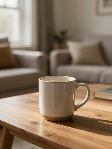 Soft morning light illuminating a comfortable, clean living room in Bacup, a warm ceramic mug on a wooden table, peaceful and safe atmosphere, close-up framing