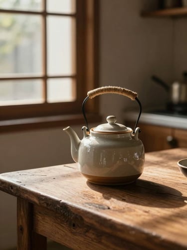 A warm, sunlit kitchen corner in a traditional home, a ceramic teapot resting on a rustic wooden table with soft morning light filtering through the window, creating a peaceful atmosphere.