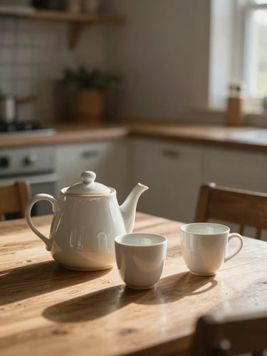 A sunlit kitchen in Bacup, soft morning light illuminating a ceramic teapot and two clean cups on a wooden table, a warm and peaceful domestic setting.