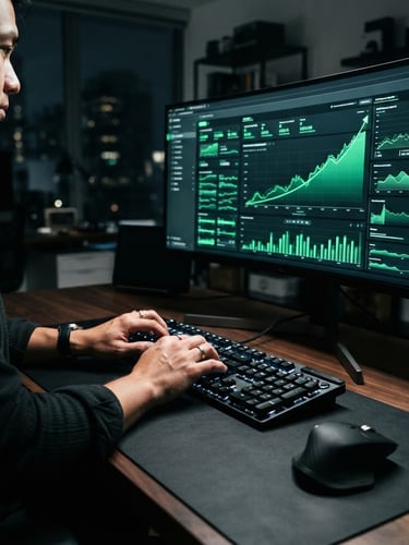 High-contrast editorial photograph of a real-time analytics dashboard showing an upward trend, with hands typing on a keyboard, under studio lighting, electric green accents on screen data. Wide angle.