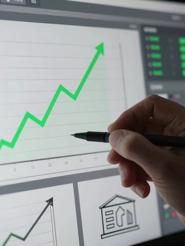 Tight macro shot of a hand sketching a storyboard next to a screen displaying a data dashboard with upward trends, high-contrast studio lighting, cool desaturated tones, electric green accents