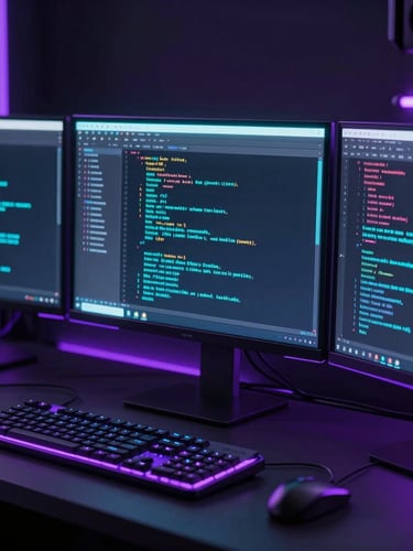 Sleek 3D render of a high-end workspace setup with glowing neon monitors displaying clean code, dark tech aesthetic, electric violet edge glows, low-key dramatic lighting